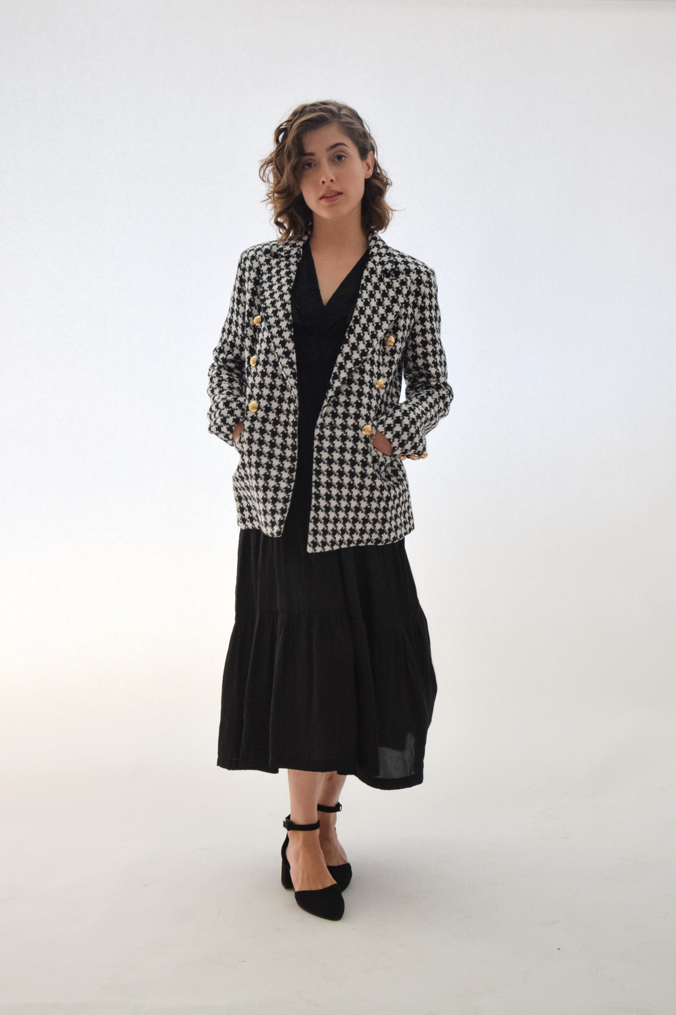 Lana Woven Hounds-tooth Double Button Blazer