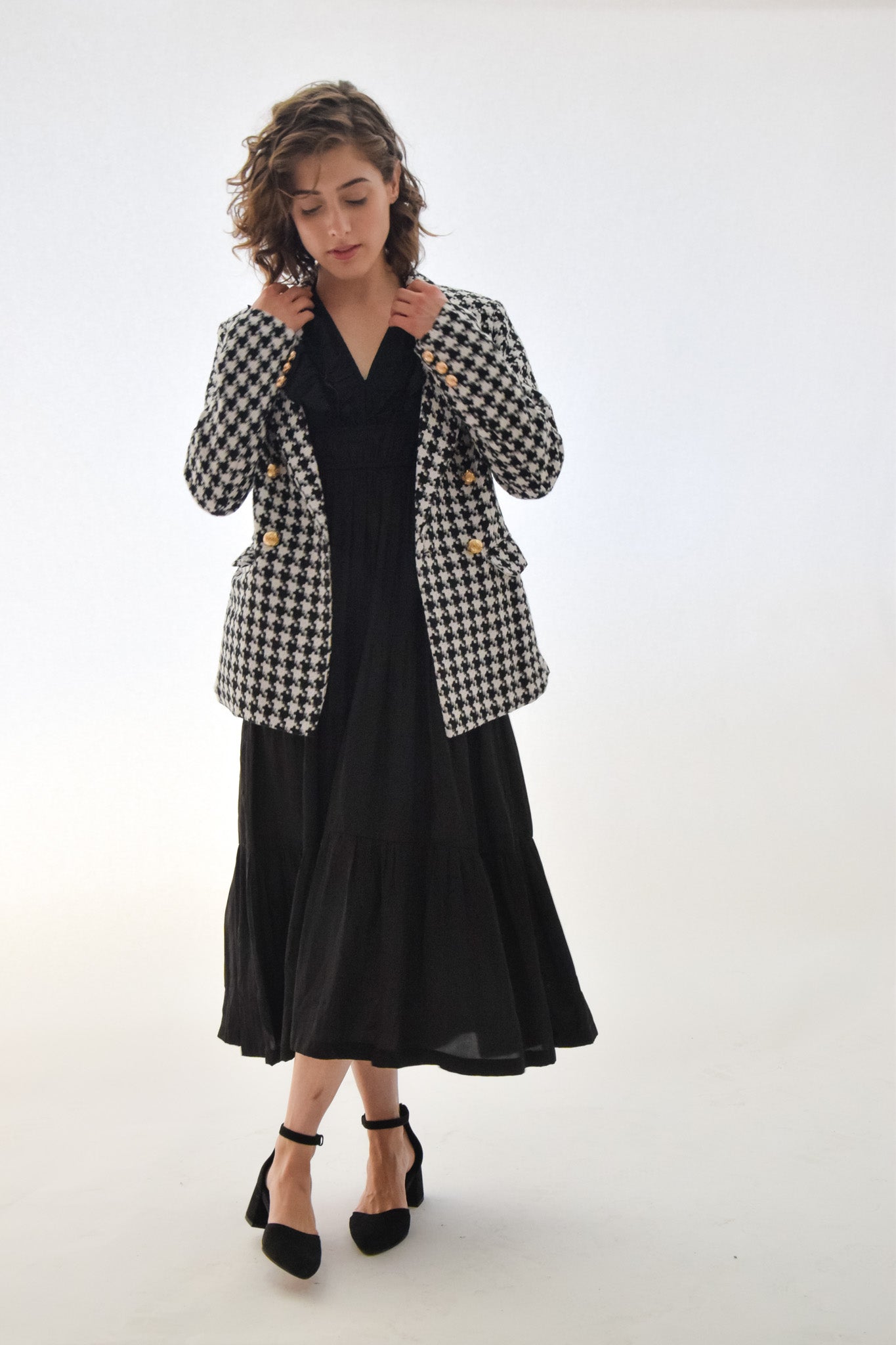 Lana Woven Hounds-tooth Double Button Blazer