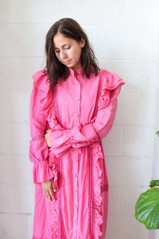 Vintage Style Ruffled Button-Down Maxi Dress